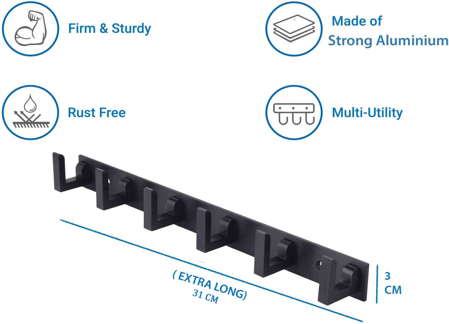 Extra Long Dark Black StainlessSteel Night Shine 6-Pin Hook Rail